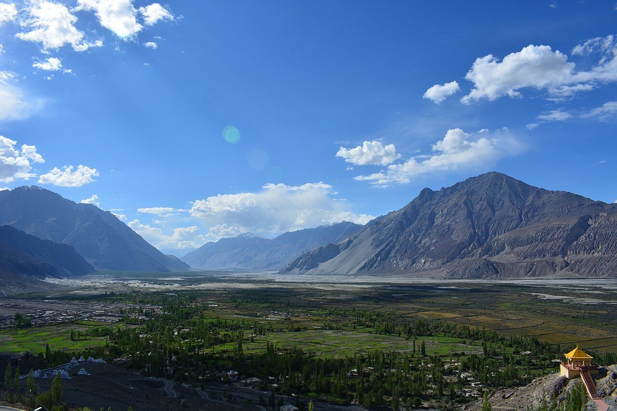 Nubra Valley near Diskit in Ladakh, with mountains and fields.