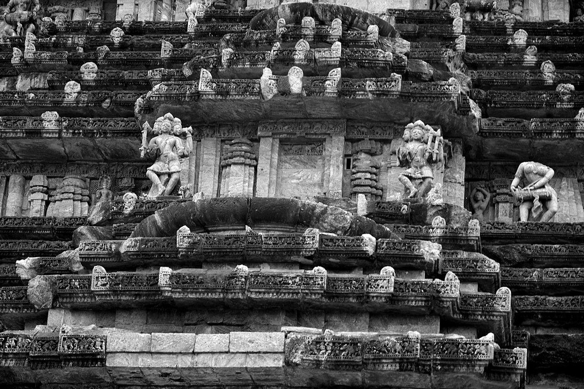 Carved stone facade detail at Konark Sun Temple in Odisha.